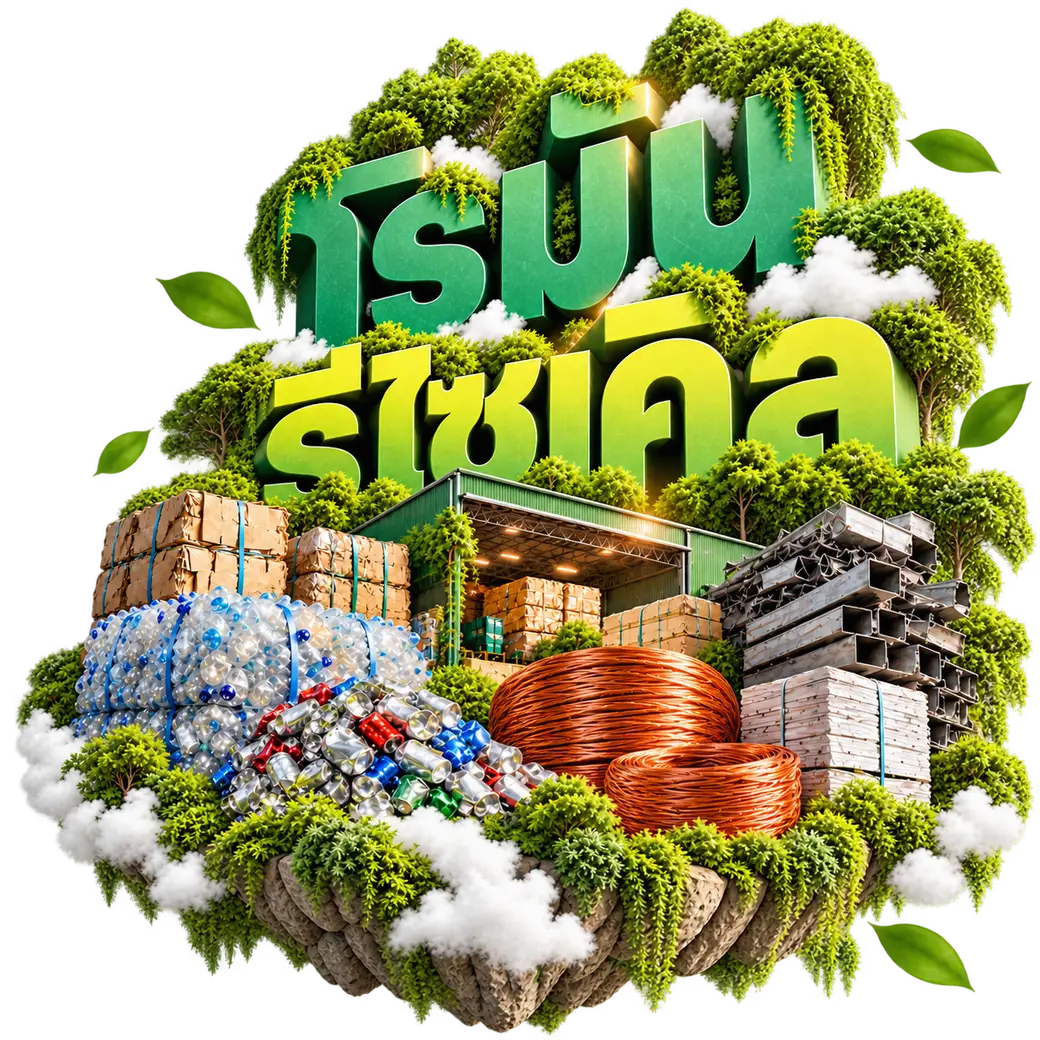 โรมัน รีไซเคิล ร้านรับซื้อของเก่า สามพราน — กองกระดาษอัดก้อน ขวดพลาสติก กระป๋อง ทองแดง และเหล็กที่ร้านรับซื้อ