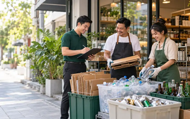 เจ้าของร้านและพนักงานหน้าร้านคัดแยกกล่องกระดาษ ขวดพลาสติก ขวดแก้ว และกระป๋องใส่ลัง โดยมีเจ้าหน้าที่ในเสื้อโปโลสีเขียวจดบันทึกรายการ
